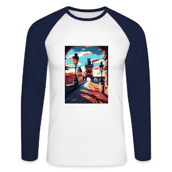 Prague République tchèque Vintage voyage affiche WPA - T-shirt baseball manches longues Homme - blanc/marine - Devant - Nik (191cm)