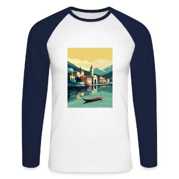 Lake Como Italy Decoration Vintage Travel Poster - Unisex Long Sleeve Baseball T-Shirt - white/navy - Front - Nik (191cm)
