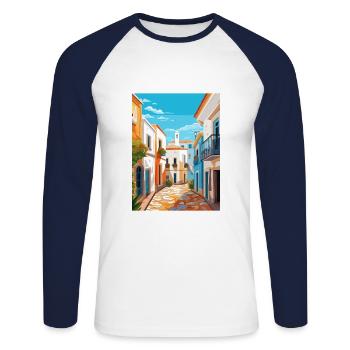 Evora Portugal Vintage Travel Poster WPA Souvenir - Unisex Long Sleeve Baseball T-Shirt - white/navy - Front - Nik (191cm)