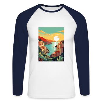 Cinque Terre Italie Décoration Patmos Affiche De Voyage - T-shirt baseball manches longues Homme - blanc/marine - Devant - Nik (191cm)