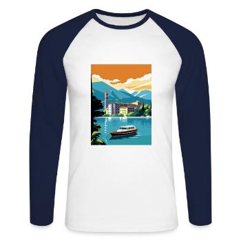 Lake Como Italy Decoration Vintage Travel Poster - Unisex Long Sleeve Baseball T-Shirt - white/navy - Front - Nik (191cm)