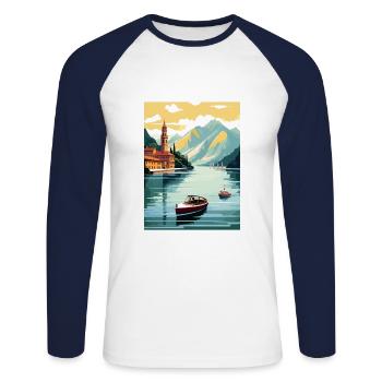 Lake Como Italy Decoration Vintage Travel Poster - Unisex Long Sleeve Baseball T-Shirt - white/navy - Front - Nik (191cm)