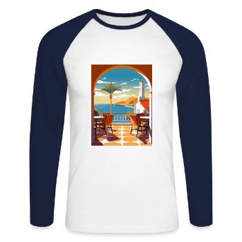 Costa del Sol Spanien Vintage Reiseposter Souvenir - Unisex Baseballshirt langarm - Weiß/Navy - Vorne - Nik (191cm)