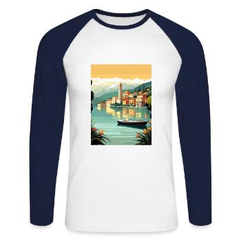 Lake Como Italy Decoration Vintage Travel Poster - Unisex Long Sleeve Baseball T-Shirt - white/navy - Front - Nik (191cm)