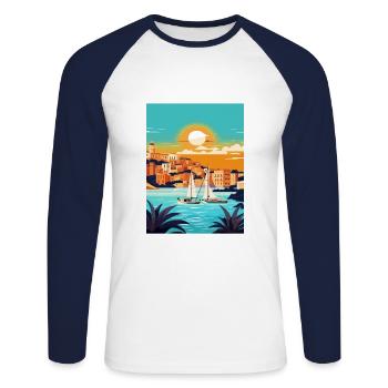 Ibiza Spanien Vintage Reiseposter WPA Souvenir - Unisex Baseballshirt langarm - Weiß/Navy - Vorne - Nik (191cm)