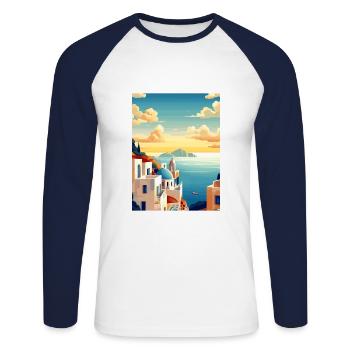 Santorin Grèce décoration grec voyage affiche - T-shirt baseball manches longues Homme - blanc/marine - Devant - Nik (191cm)