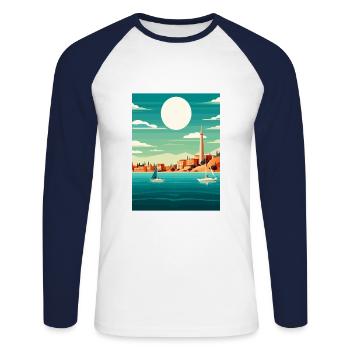 Ibiza Spanien Vintage Reiseposter WPA Souvenir - Unisex Baseballshirt langarm - Weiß/Navy - Vorne - Nik (191cm)