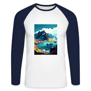Lofoten Norwegisches Vintage-Reiseposter - Unisex Baseballshirt langarm - Weiß/Navy - Vorne - Nik (191cm)