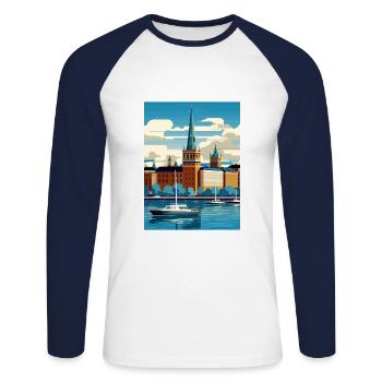 Stockholm Suède suédois Vintage voyage affiche WPA - T-shirt baseball manches longues Homme - blanc/marine - Devant - Nik (191cm)