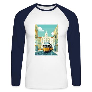 Lisbon Portugal Tram Vintage Travel Poster WPA Art - Unisex Long Sleeve Baseball T-Shirt - white/navy - Front - Nik (191cm)