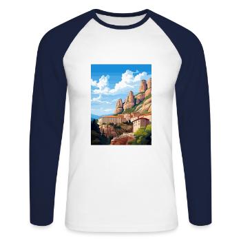 Montserrat Spain Vintage Travel Poster Souvenir - Unisex Long Sleeve Baseball T-Shirt - white/navy - Front - Nik (191cm)