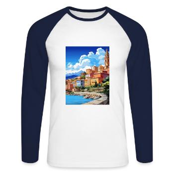 Menton France Vintage voyage affiche WPA Souvenir - T-shirt baseball manches longues Homme - blanc/marine - Devant - Nik (191cm)
