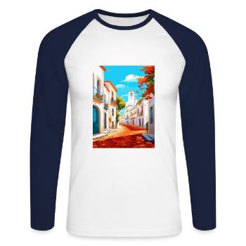 Evora Portugal Vintage Travel Poster WPA Souvenir - Unisex Long Sleeve Baseball T-Shirt - white/navy - Front - Nik (191cm)