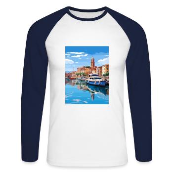 Figueres Spain Vintage Travel Poster WPA Souvenir - Unisex Long Sleeve Baseball T-Shirt - white/navy - Front - Nik (191cm)