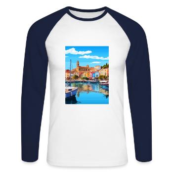 Figueres Spain Vintage Travel Poster WPA Souvenir - Unisex Long Sleeve Baseball T-Shirt - white/navy - Front - Nik (191cm)