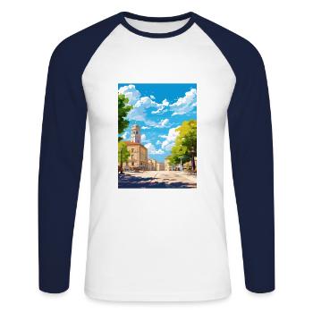 Nimes Frankreich Vintage Reiseplakat WPA Souvenir - Unisex Baseballshirt langarm - Weiß/Navy - Vorne - Nik (191cm)