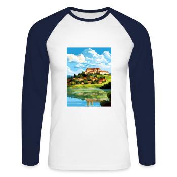 Ptuj-Schloss-Slowenien-Bleder-Reise-Plakat - Unisex Baseballshirt langarm - Weiß/Navy - Vorne - Nik (191cm)