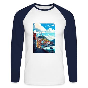 Bergan Norway Oslo Vintage Travel Poster Souvenir - Unisex Long Sleeve Baseball T-Shirt - white/navy - Front - Nik (191cm)