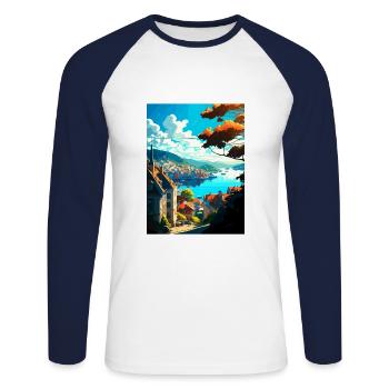 Bergan Norway Oslo Vintage Travel Poster Souvenir - Unisex Long Sleeve Baseball T-Shirt - white/navy - Front - Nik (191cm)