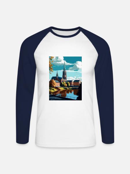 Uppsala Sverige Vintage Reseaffisch WPA Souvenir - Långärmad basebolltröja herr - vit/marinblå