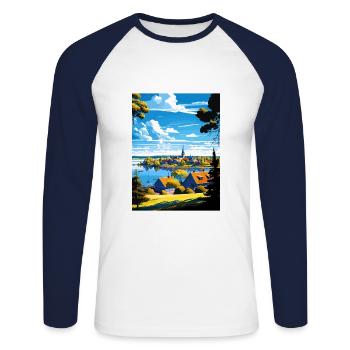 Sigtuna Suède Vintage voyage affiche WPA Souvenir - T-shirt baseball manches longues Homme - blanc/marine - Devant - Nik (191cm)