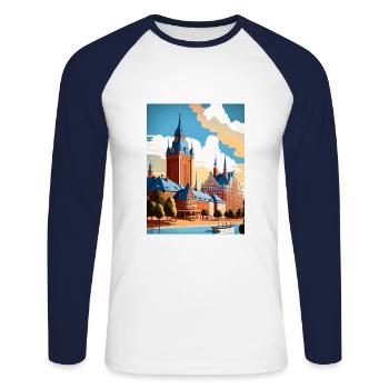 Halmstad Sweden Vintage Travel Poster WPA Souvenir - Unisex Long Sleeve Baseball T-Shirt - white/navy - Front - Nik (191cm)
