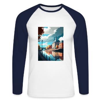 Karlstad Schweden Vintage Reiseposter WPA Souvenir - Unisex Baseballshirt langarm - Weiß/Navy - Vorne - Nik (191cm)