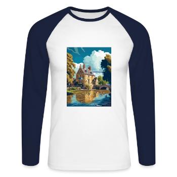 Bourton On The Water England Vintage Travel Poster - Unisex Long Sleeve Baseball T-Shirt - white/navy - Front - Nik (191cm)
