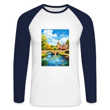 Bourton On The Water England Vintage Travel Poster - Unisex Long Sleeve Baseball T-Shirt - white/navy - Front - Nik (191cm)