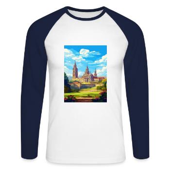 Santiago De Compostela Spain Vintage Travel Poster - Unisex Long Sleeve Baseball T-Shirt - white/navy - Front - Nik (191cm)