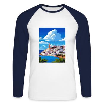 Ibiza Spanien Vintage Reiseposter WPA Souvenir - Unisex Baseballshirt langarm - Weiß/Navy - Vorne - Nik (191cm)