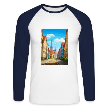 Rostock Germany Vintage Travel Poster WPA Souvenir - Unisex Long Sleeve Baseball T-Shirt - white/navy - Front - Nik (191cm)