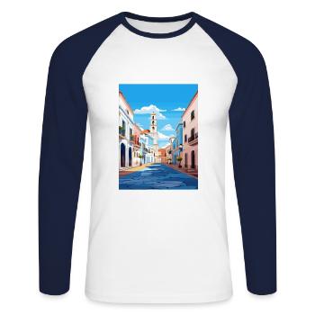 Tavira Portugal Vintage Reiseposter WPA Souvenir - Unisex Baseballshirt langarm - Weiß/Navy - Vorne - Nik (191cm)
