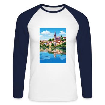 Tomar Portugal Vintage voyage affiche WPA Souvenir - T-shirt baseball manches longues Homme - blanc/marine - Devant - Nik (191cm)