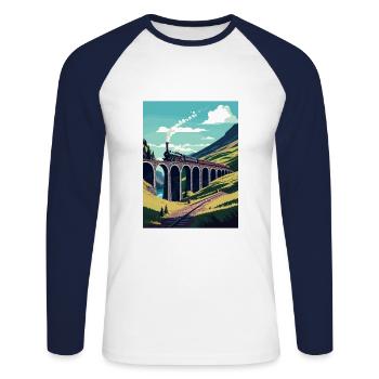 Glenfinnan Schottland Zug Vintage Reiseposter - Unisex Baseballshirt langarm - Weiß/Navy - Vorne - Nik (191cm)