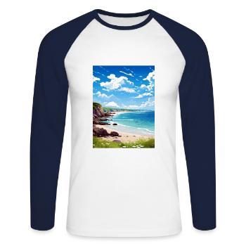 Trevaunance Cove Cornwall Affiche de voyage Vintage - T-shirt baseball manches longues Homme - blanc/marine - Devant - Nik (191cm)