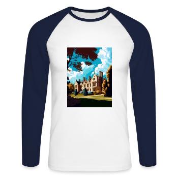 Anglesey Abbey Dekoration Vintage Reiseposter - Unisex Baseballshirt langarm - Weiß/Navy - Vorne - Nik (191cm)