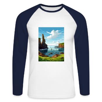 Duncansby Stacks Scotland Affiche de voyage Vintage - T-shirt baseball manches longues Homme - blanc/marine - Devant - Nik (191cm)