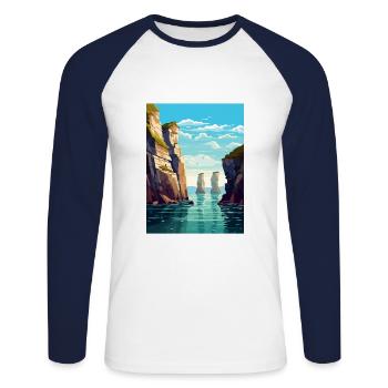 Stack Rocks Pembrokeshire Affiche de voyage Vintage - T-shirt baseball manches longues Homme - blanc/marine - Devant - Nik (191cm)