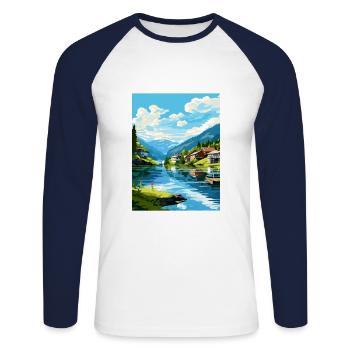 Flekkefjord Norway Room Vintage Travel Poster WPA - Unisex Long Sleeve Baseball T-Shirt - white/navy - Front - Nik (191cm)