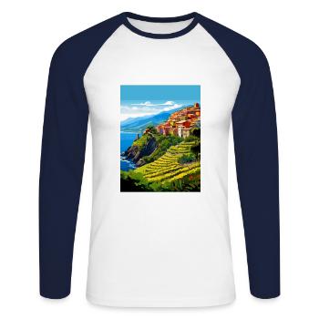 Cinque Terre Italie Décoration Patmos Affiche De Voyage - T-shirt baseball manches longues Homme - blanc/marine - Devant - Nik (191cm)