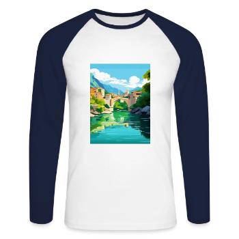 Mostar, Bosnie-Herzégovine, Pont de Stari Most Koski - T-shirt baseball manches longues Homme - blanc/marine - Devant - Nik (191cm)