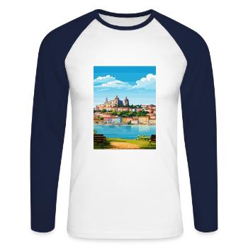 Coimbra Portugal Vintage Travel Poster Souvenir - Unisex Long Sleeve Baseball T-Shirt - white/navy - Front - Nik (191cm)