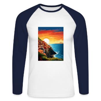 Cinque Terre Italie Décoration Patmos Affiche De Voyage - T-shirt baseball manches longues Homme - blanc/marine - Devant - Nik (191cm)