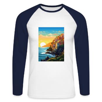 Cinque Terre Italie Décoration Patmos Affiche De Voyage - T-shirt baseball manches longues Homme - blanc/marine - Devant - Nik (191cm)