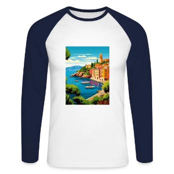 Portofino Italien Vintage Reiseposter WPA Souvenir - Unisex Baseballshirt langarm - Weiß/Navy - Vorne - Nik (191cm)