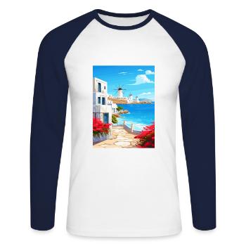 Mykonos Grèce décoration Vintage Travel Poster - T-shirt baseball manches longues Homme - blanc/marine - Devant - Nik (191cm)