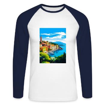 Portofino Italien Vintage Reiseposter WPA Souvenir - Unisex Baseballshirt langarm - Weiß/Navy - Vorne - Nik (191cm)