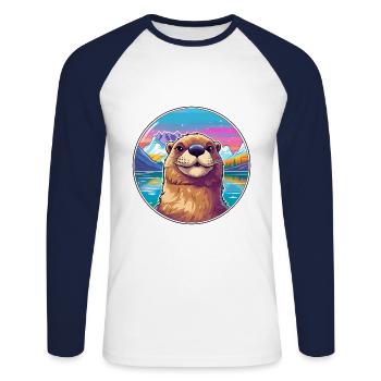 Biber Aquarell Karikatur Kawaii Haustier Tier Farbe - Unisex Baseballshirt langarm - Weiß/Navy - Vorne - Nik (191cm)