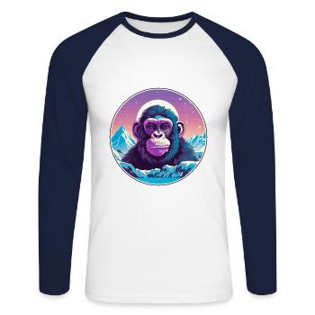 Chimpanzé aquarelle dessin animé kawaii animal de compagnie Co - T-shirt baseball manches longues Homme - blanc/marine - Devant - Nik (191cm)